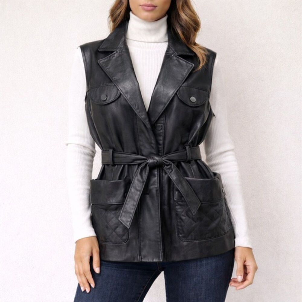Nordstrom Town Square Black Leather Belted Longline Vest Womenโs Size Small